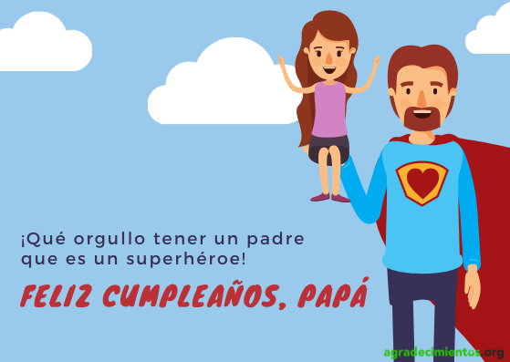 Imagen de dibujo de padre superhéroe y niña con felicitación de cumpleaños a Papa
